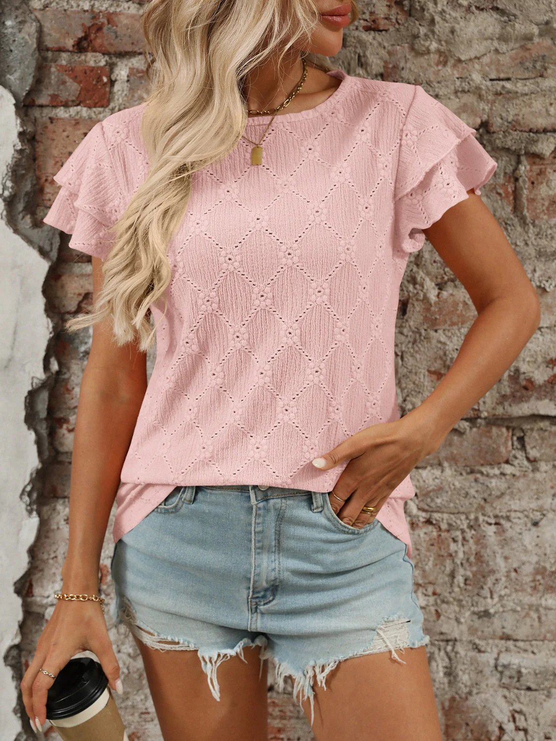 Eyelet Round Neck Double Layered Ruffled Short Sleeve Top - Image 7