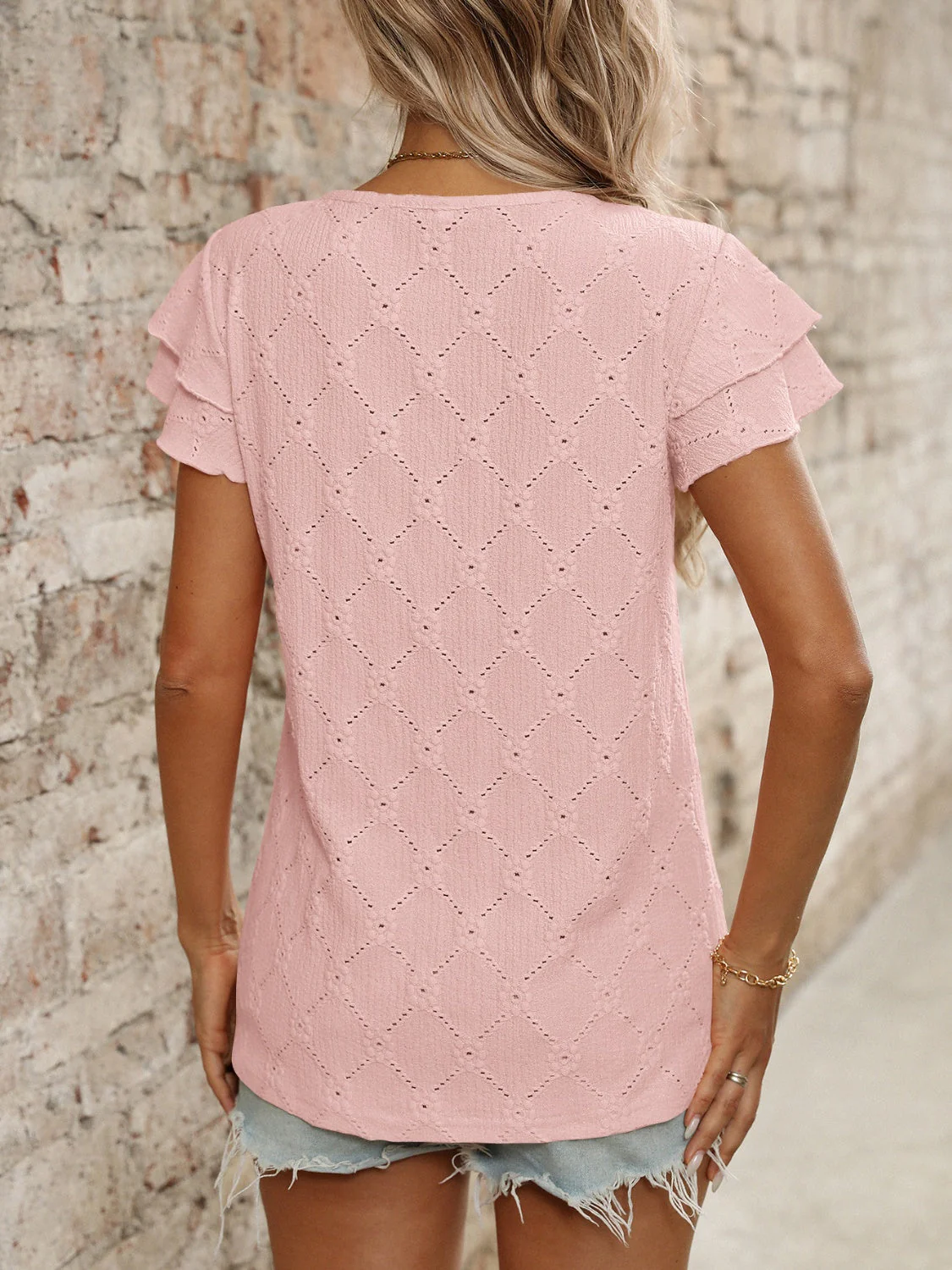 Eyelet Round Neck Double Layered Ruffled Short Sleeve Top - Image 8