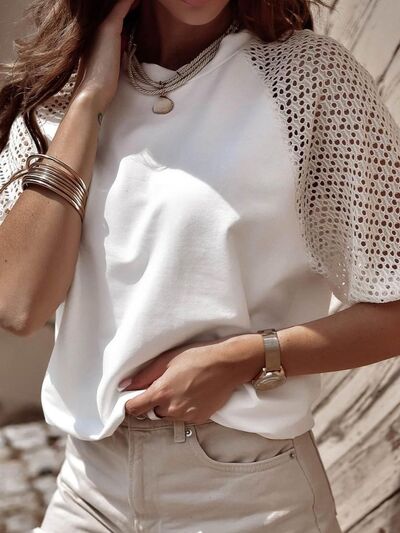 Eyelet Round Neck Half Sleeve T-Shirt - Image 2