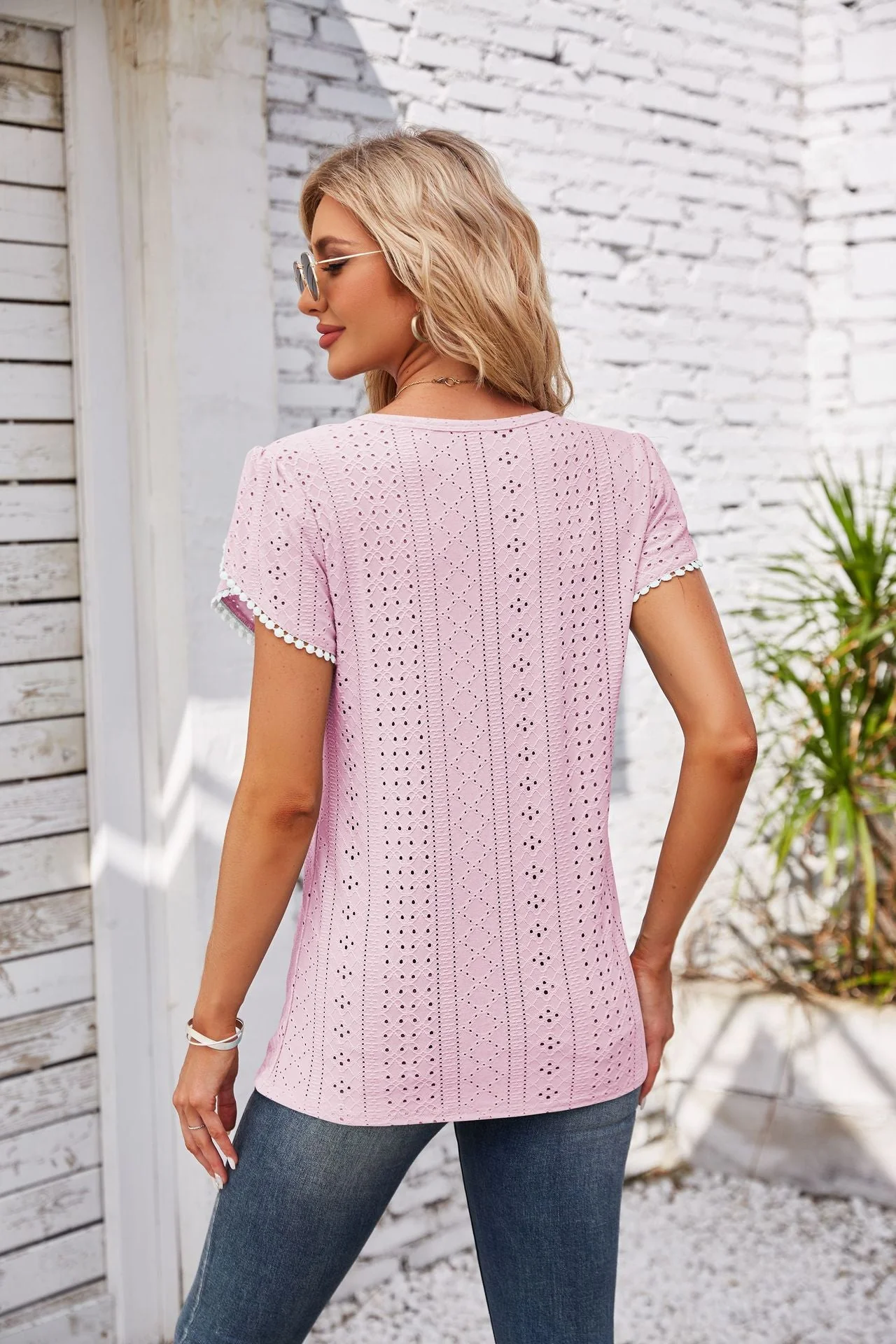 Eyelet Round Neck Petal Sleeve T-Shirt - Image 10