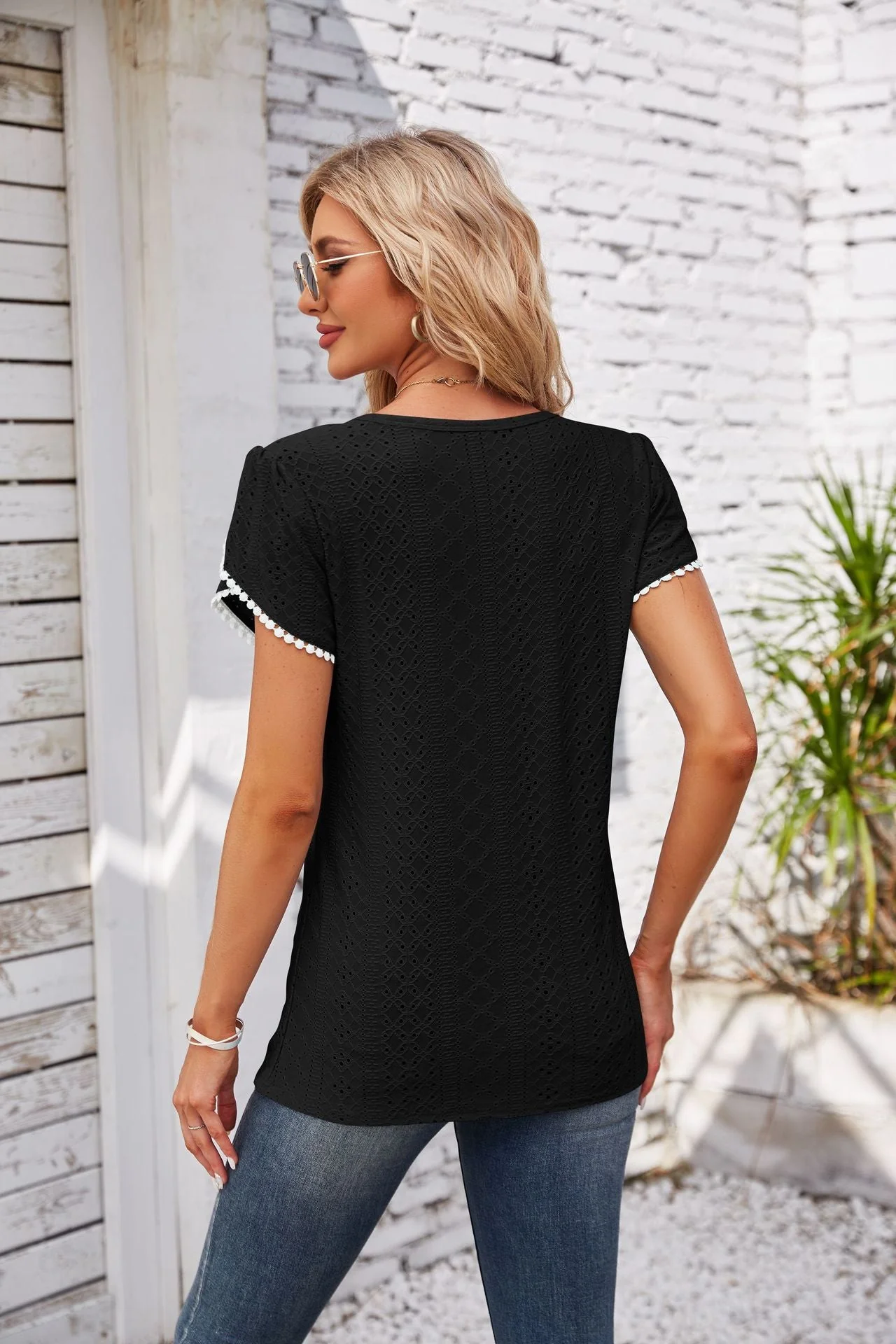 Eyelet Round Neck Petal Sleeve T-Shirt - Image 14