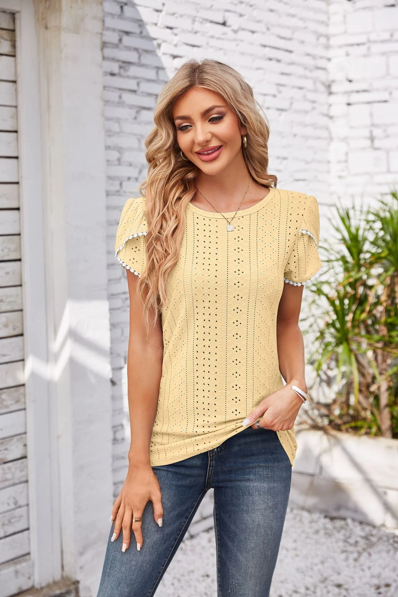 Eyelet Round Neck Petal Sleeve T-Shirt - Image 17
