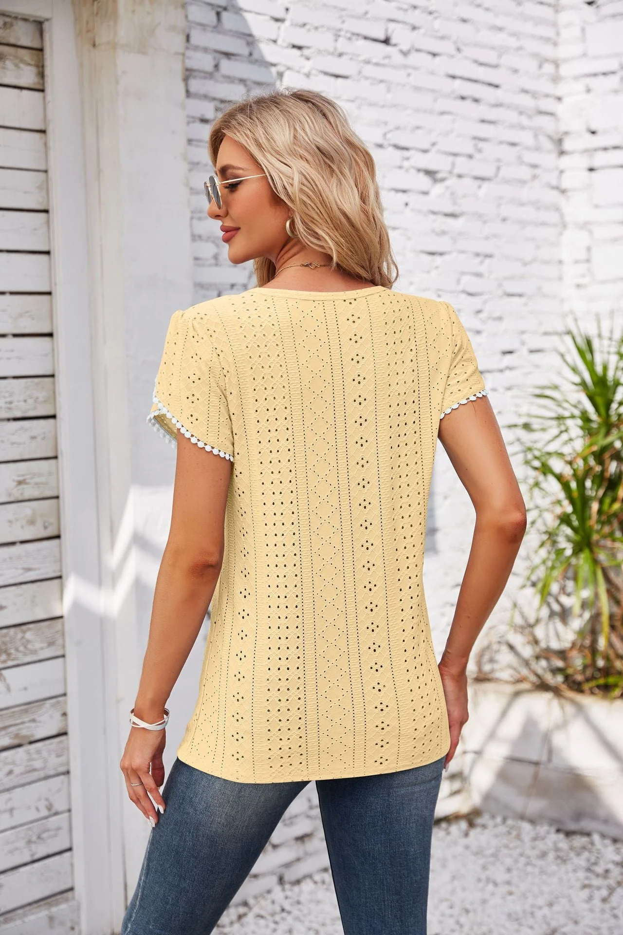 Eyelet Round Neck Petal Sleeve T-Shirt - Image 18