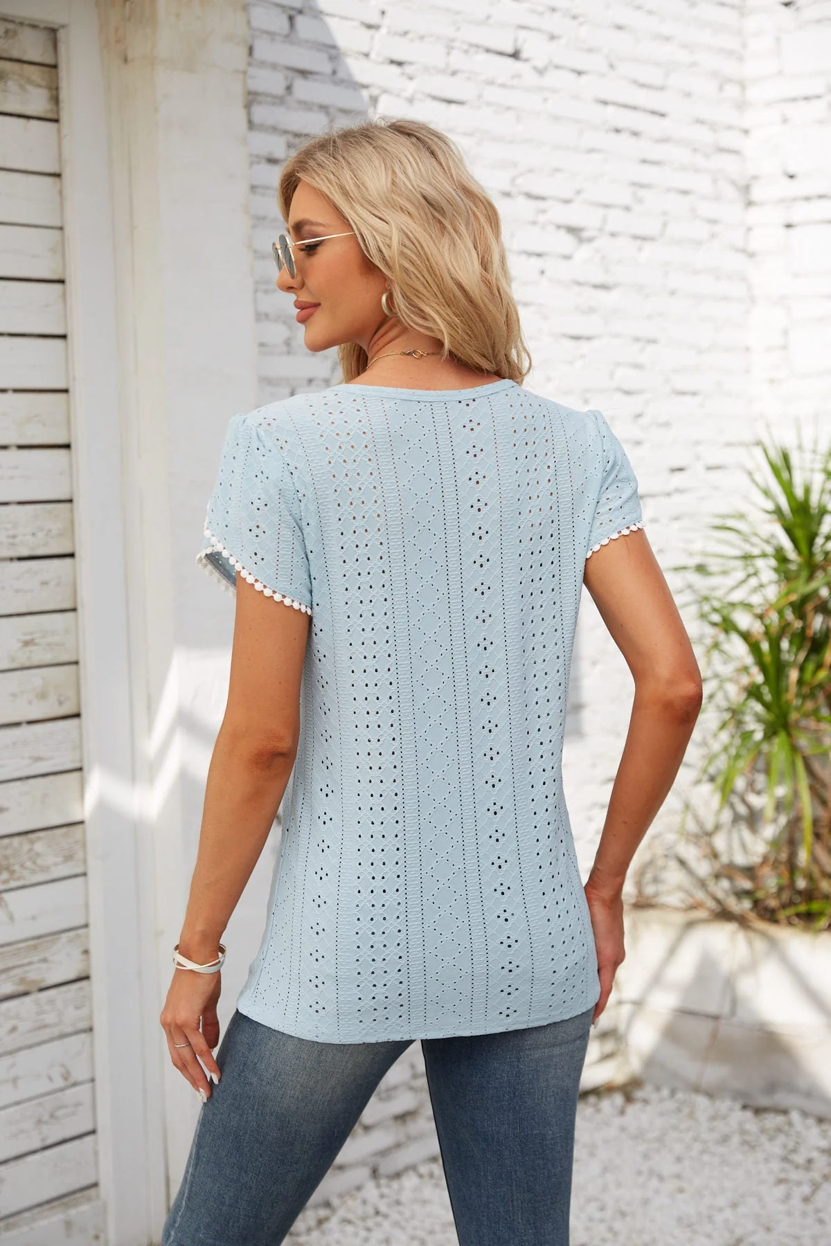 Eyelet Round Neck Petal Sleeve T-Shirt - Image 2