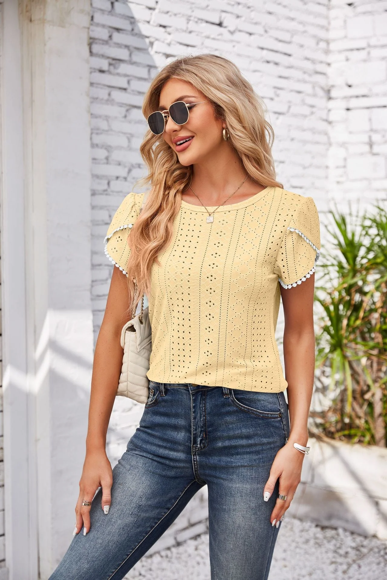 Eyelet Round Neck Petal Sleeve T-Shirt - Image 20