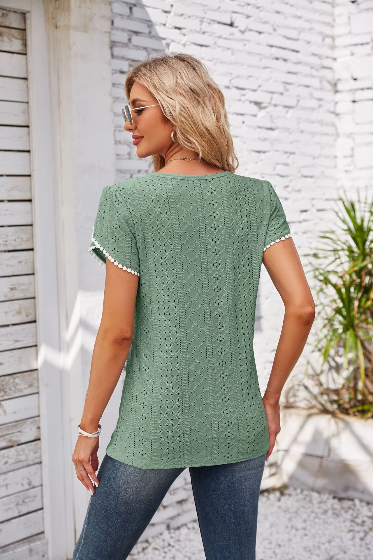 Eyelet Round Neck Petal Sleeve T-Shirt - Image 23