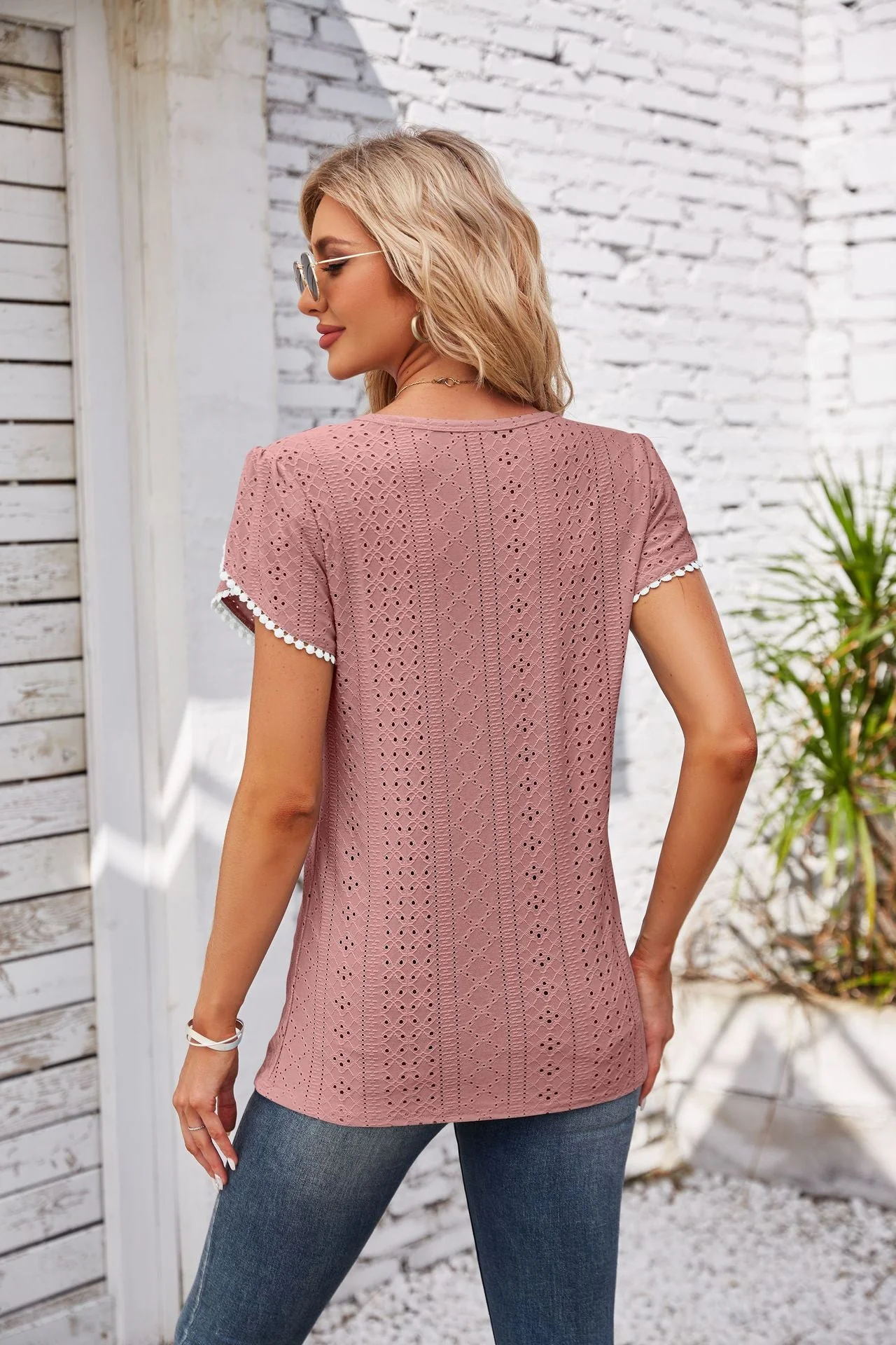 Eyelet Round Neck Petal Sleeve T-Shirt - Image 29