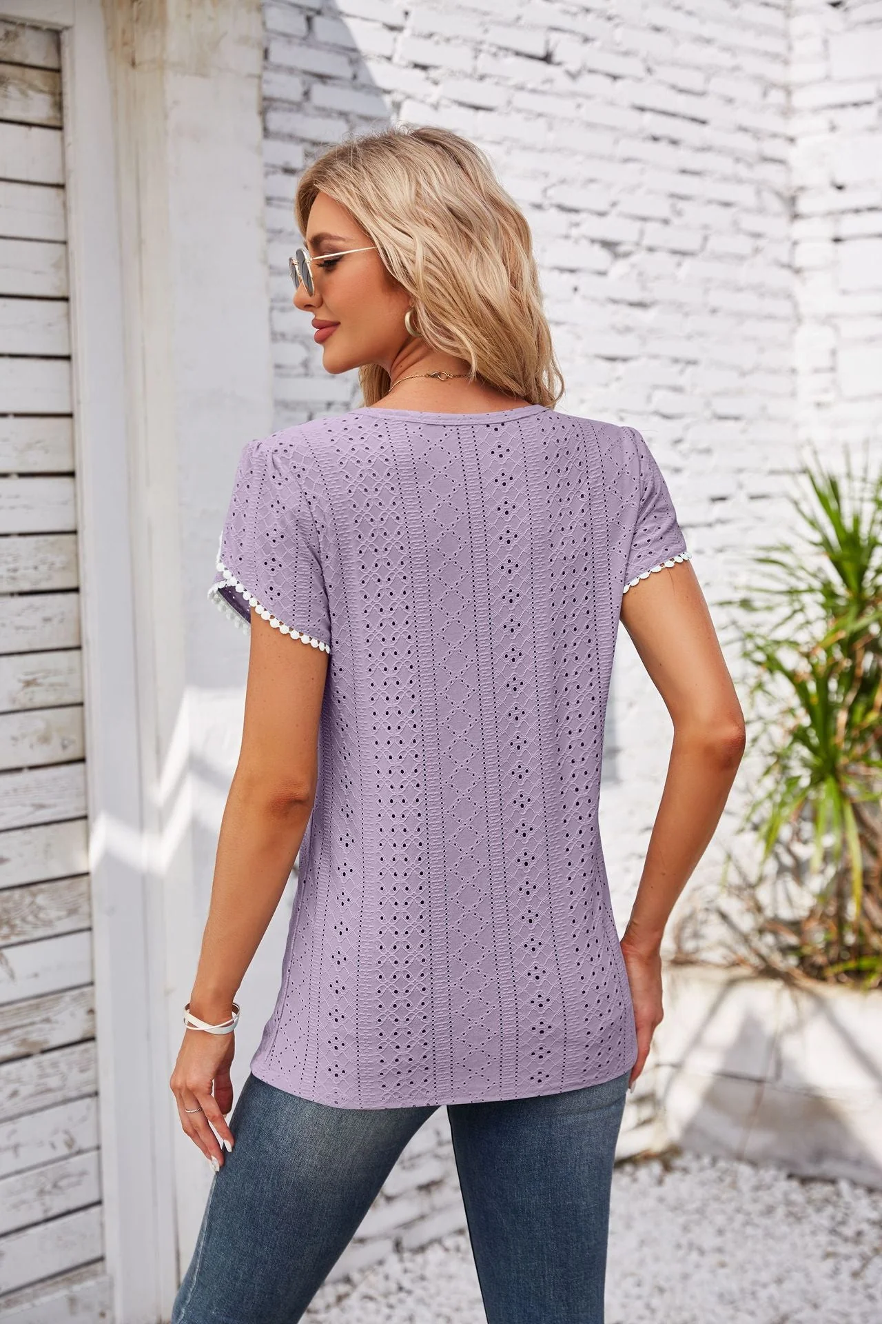 Eyelet Round Neck Petal Sleeve T-Shirt - Image 34
