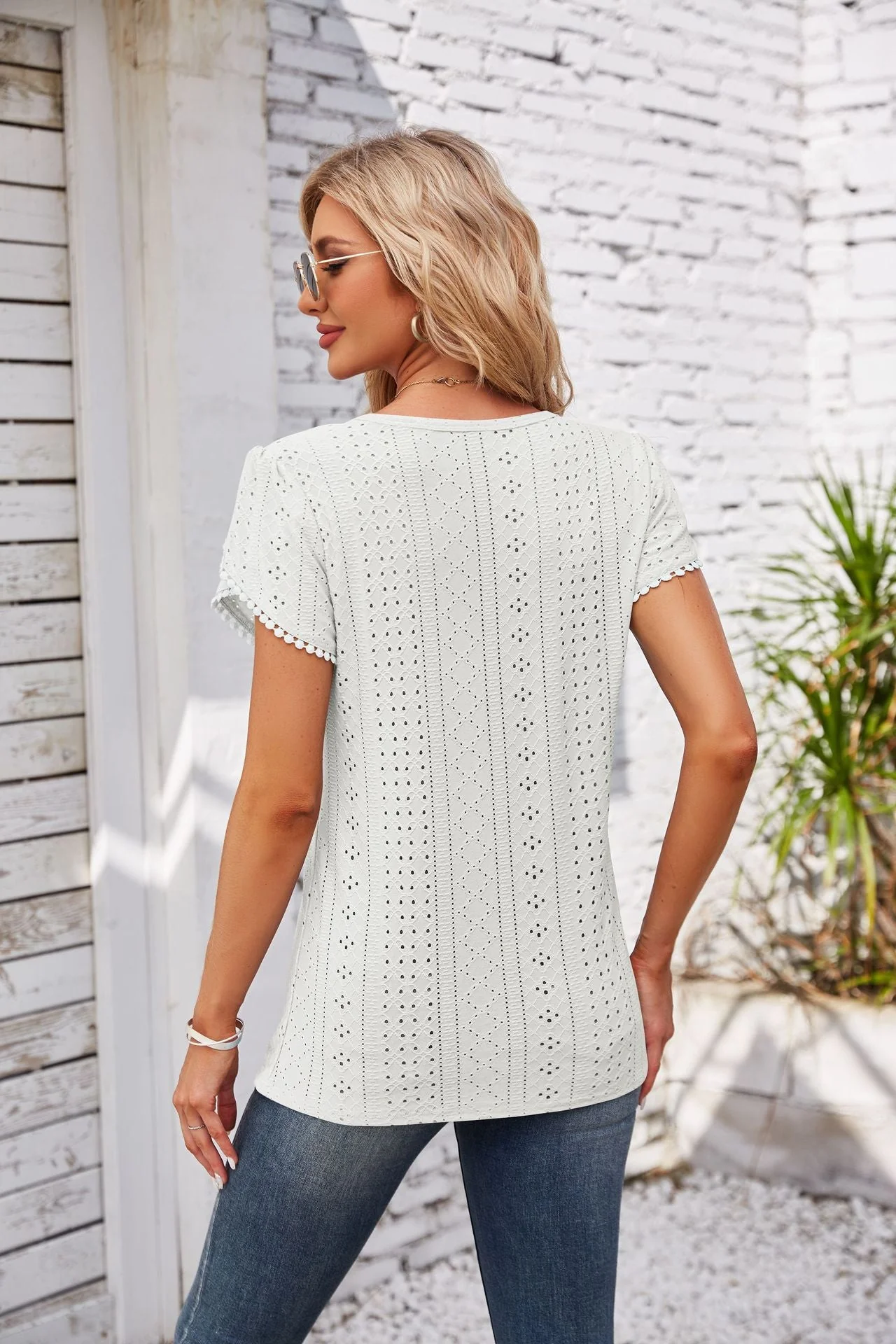 Eyelet Round Neck Petal Sleeve T-Shirt - Image 6