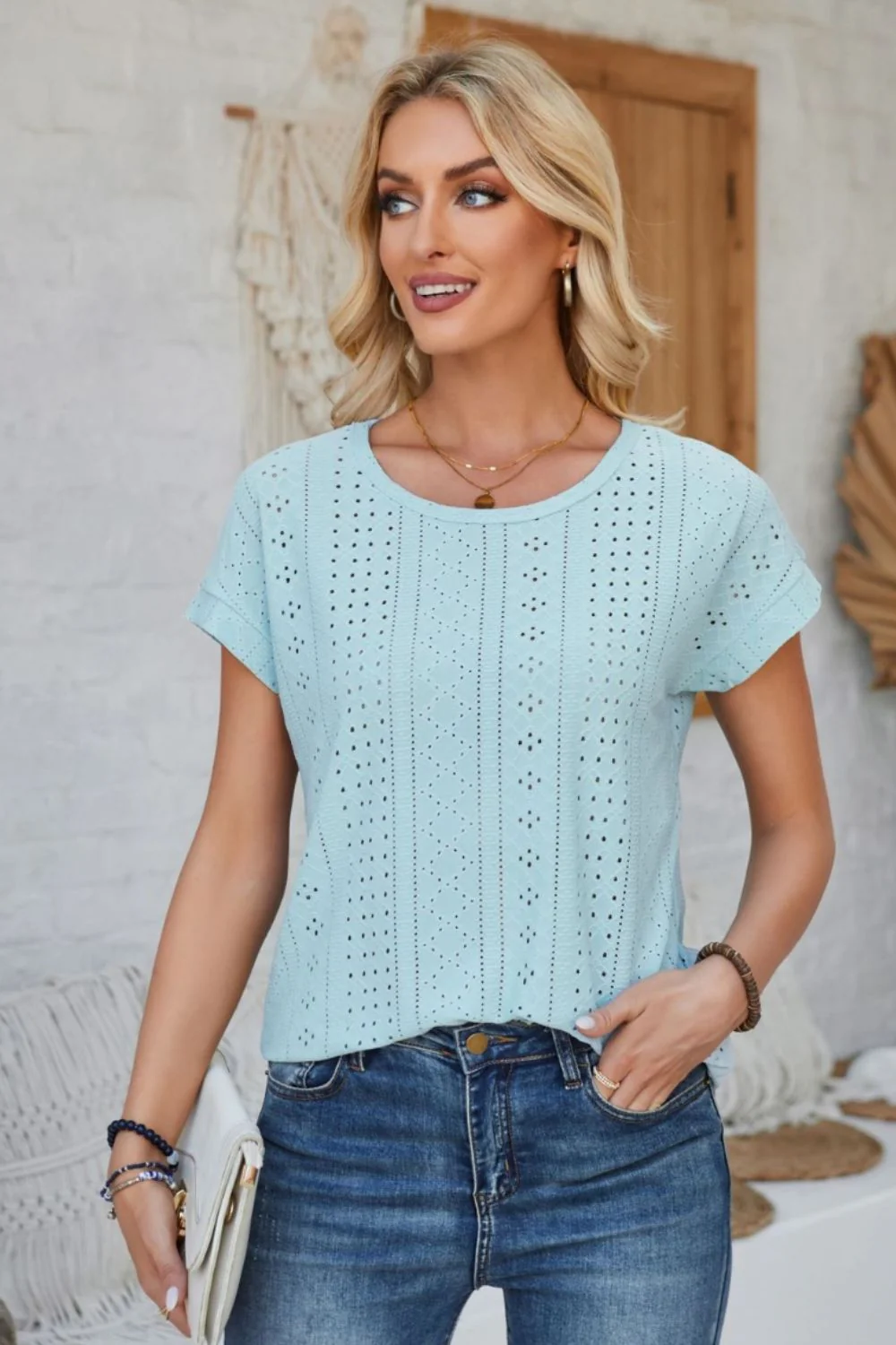 Eyelet Round Neck Rolled Short Sleeve T-Shirt - Image 10