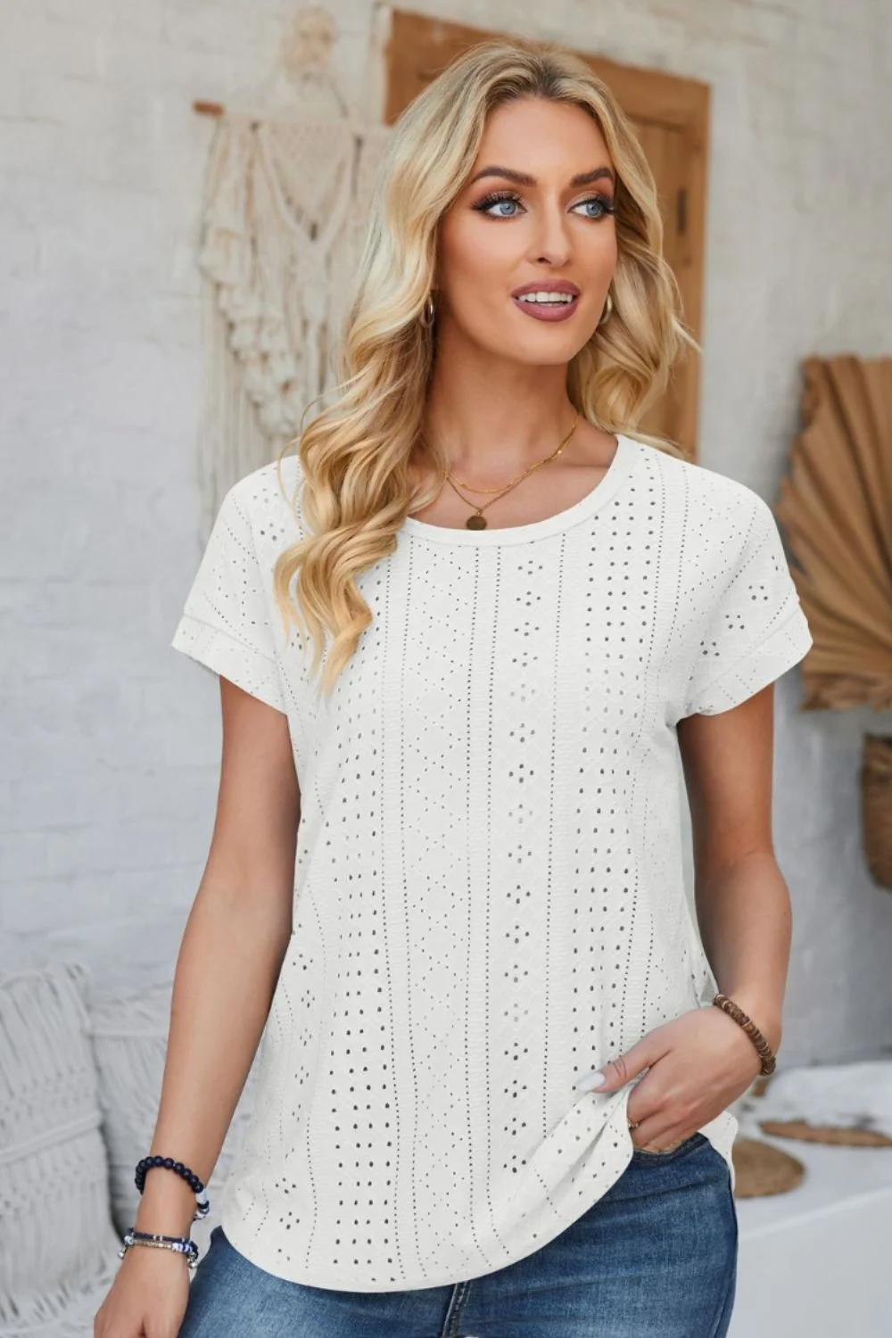 Eyelet Round Neck Rolled Short Sleeve T-Shirt - Image 11