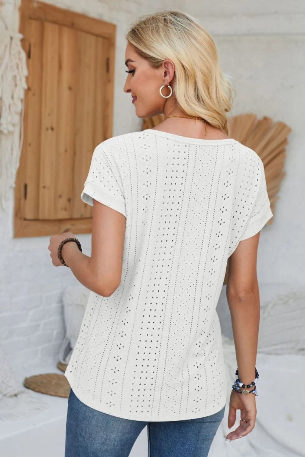 Eyelet Round Neck Rolled Short Sleeve T-Shirt - Image 12