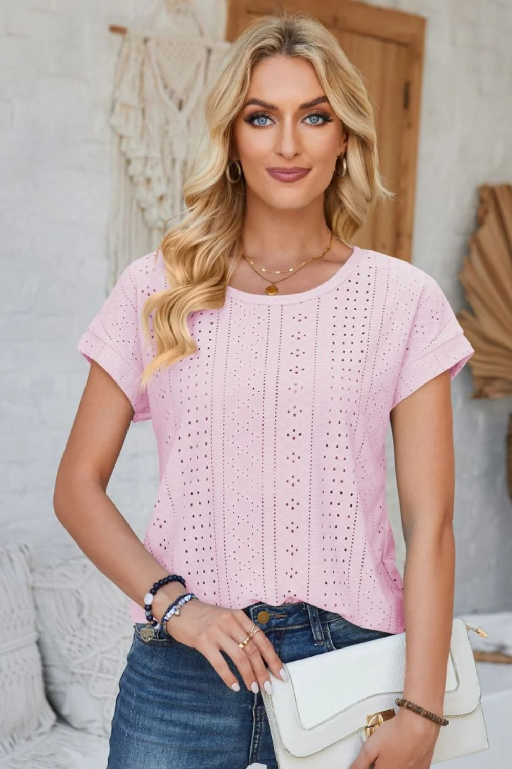 Eyelet Round Neck Rolled Short Sleeve T-Shirt - Image 15