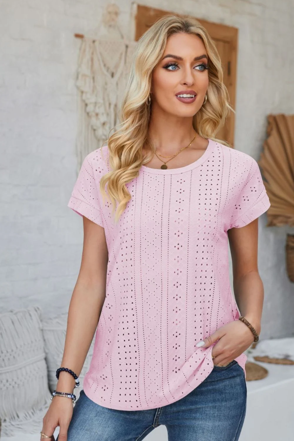 Eyelet Round Neck Rolled Short Sleeve T-Shirt - Image 16