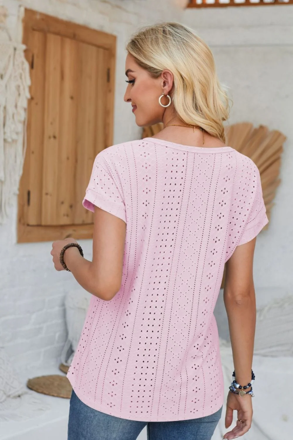 Eyelet Round Neck Rolled Short Sleeve T-Shirt - Image 17