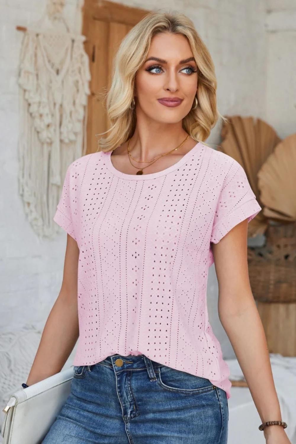 Eyelet Round Neck Rolled Short Sleeve T-Shirt - Image 18