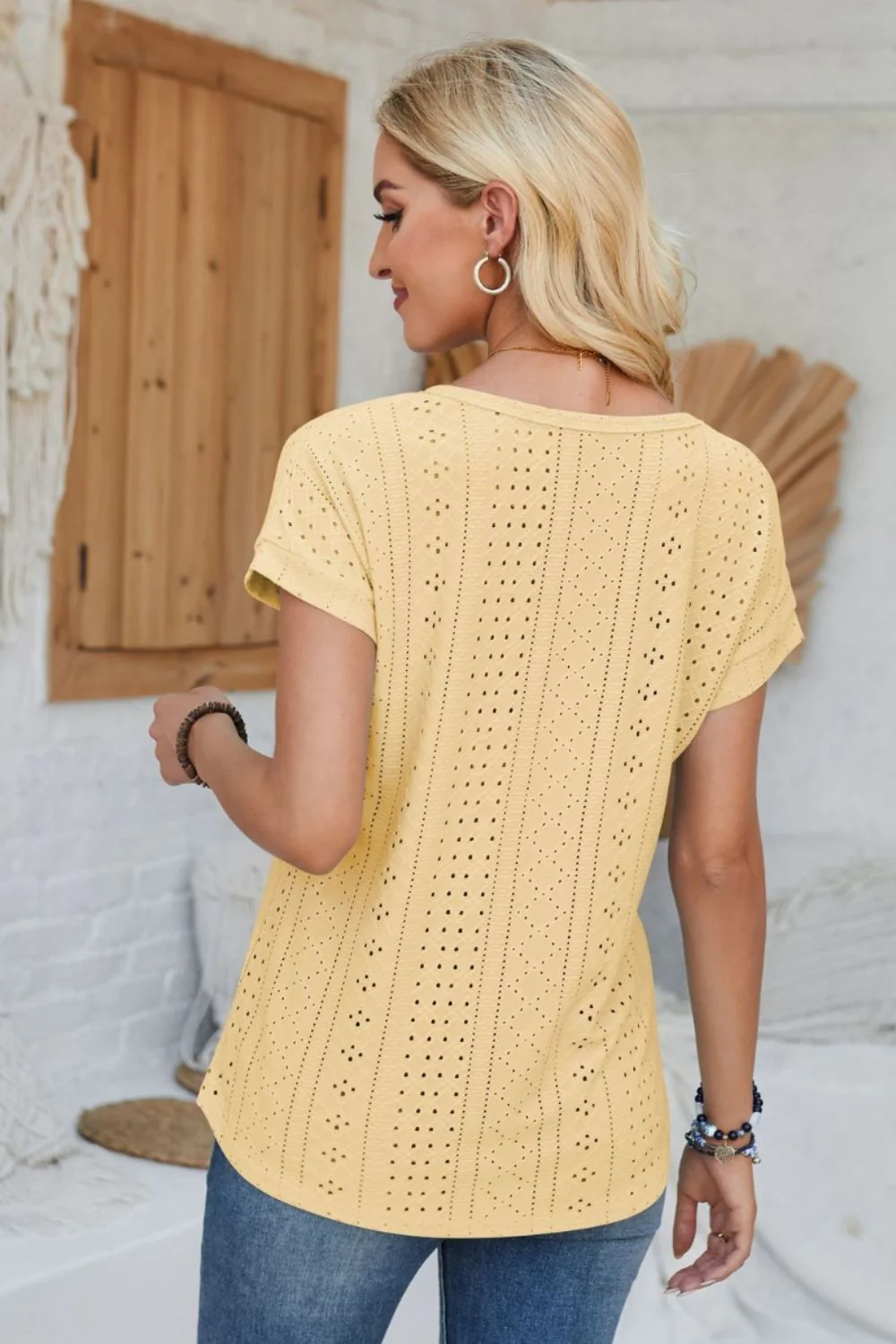 Eyelet Round Neck Rolled Short Sleeve T-Shirt - Image 2