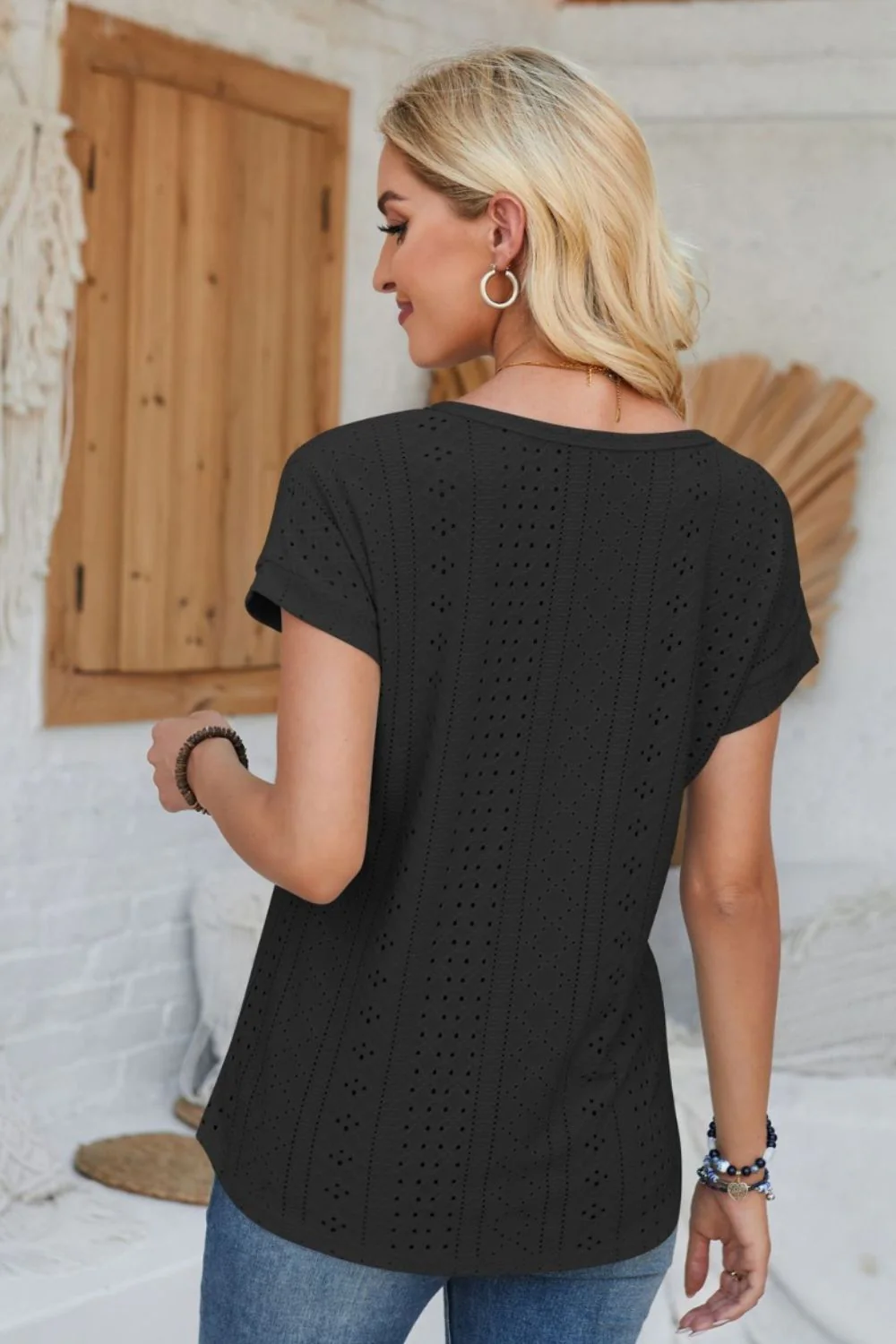 Eyelet Round Neck Rolled Short Sleeve T-Shirt - Image 20