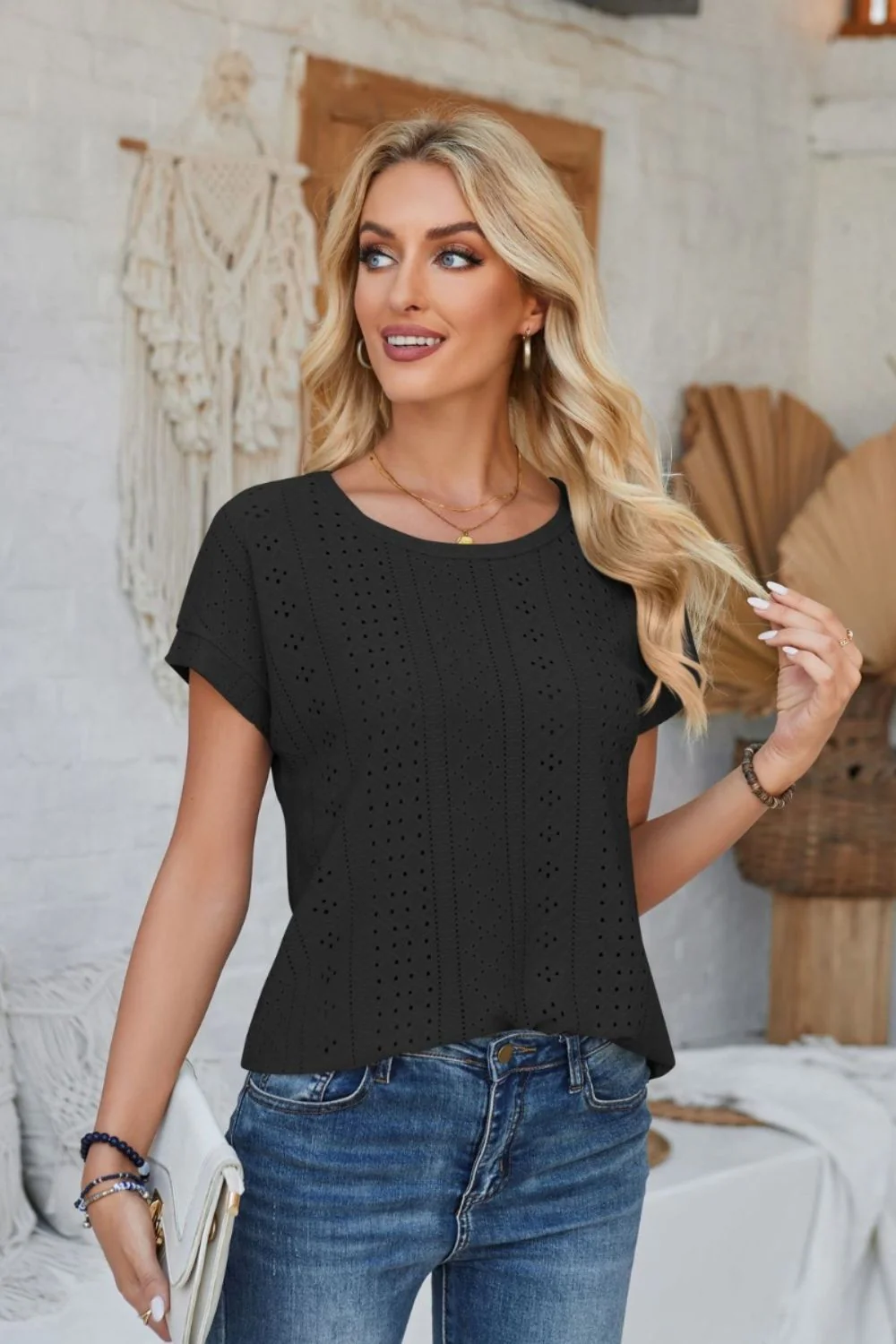 Eyelet Round Neck Rolled Short Sleeve T-Shirt - Image 21