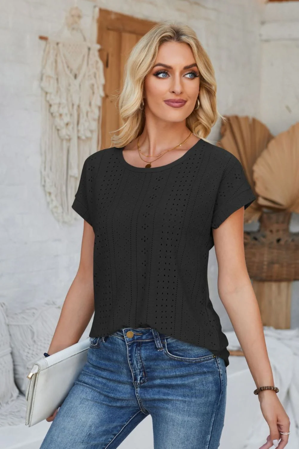 Eyelet Round Neck Rolled Short Sleeve T-Shirt - Image 22