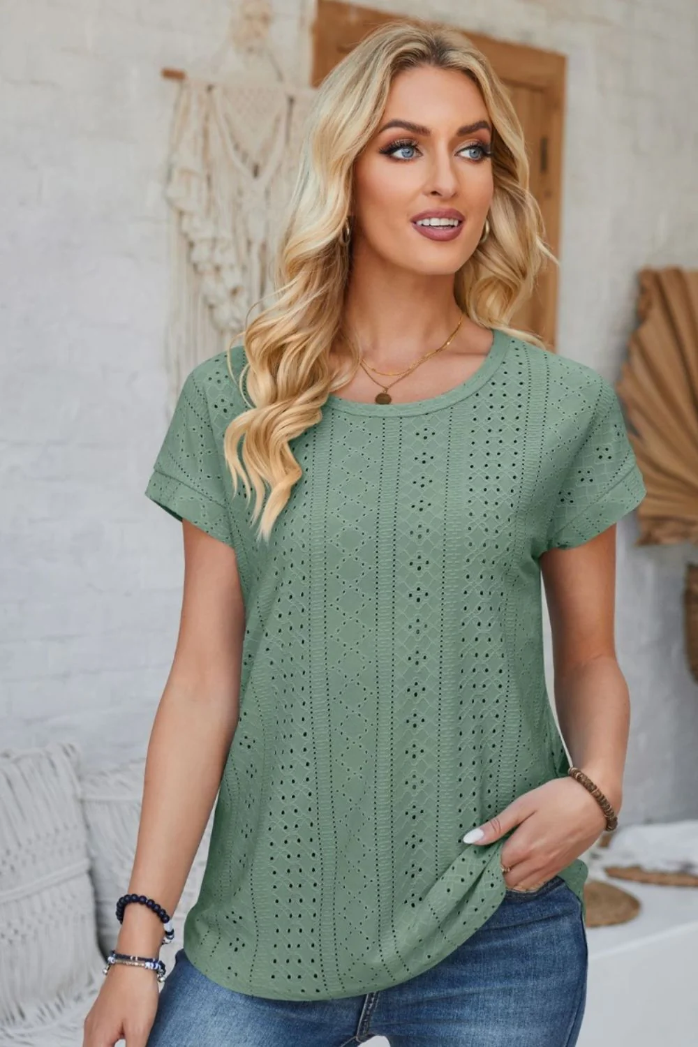 Eyelet Round Neck Rolled Short Sleeve T-Shirt - Image 24