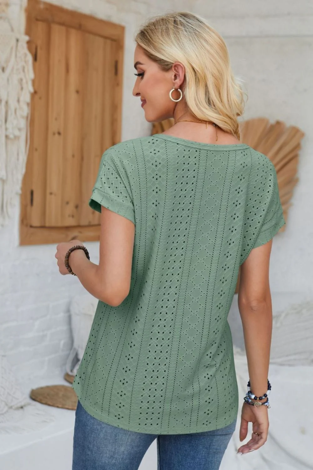 Eyelet Round Neck Rolled Short Sleeve T-Shirt - Image 25