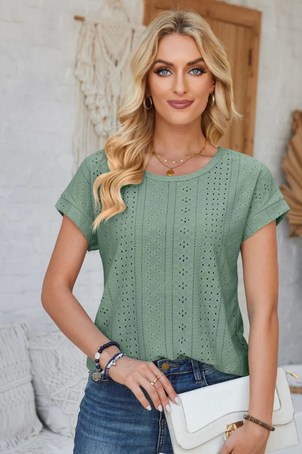 Eyelet Round Neck Rolled Short Sleeve T-Shirt - Image 27