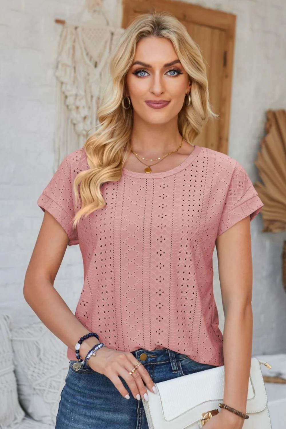 Eyelet Round Neck Rolled Short Sleeve T-Shirt - Image 29