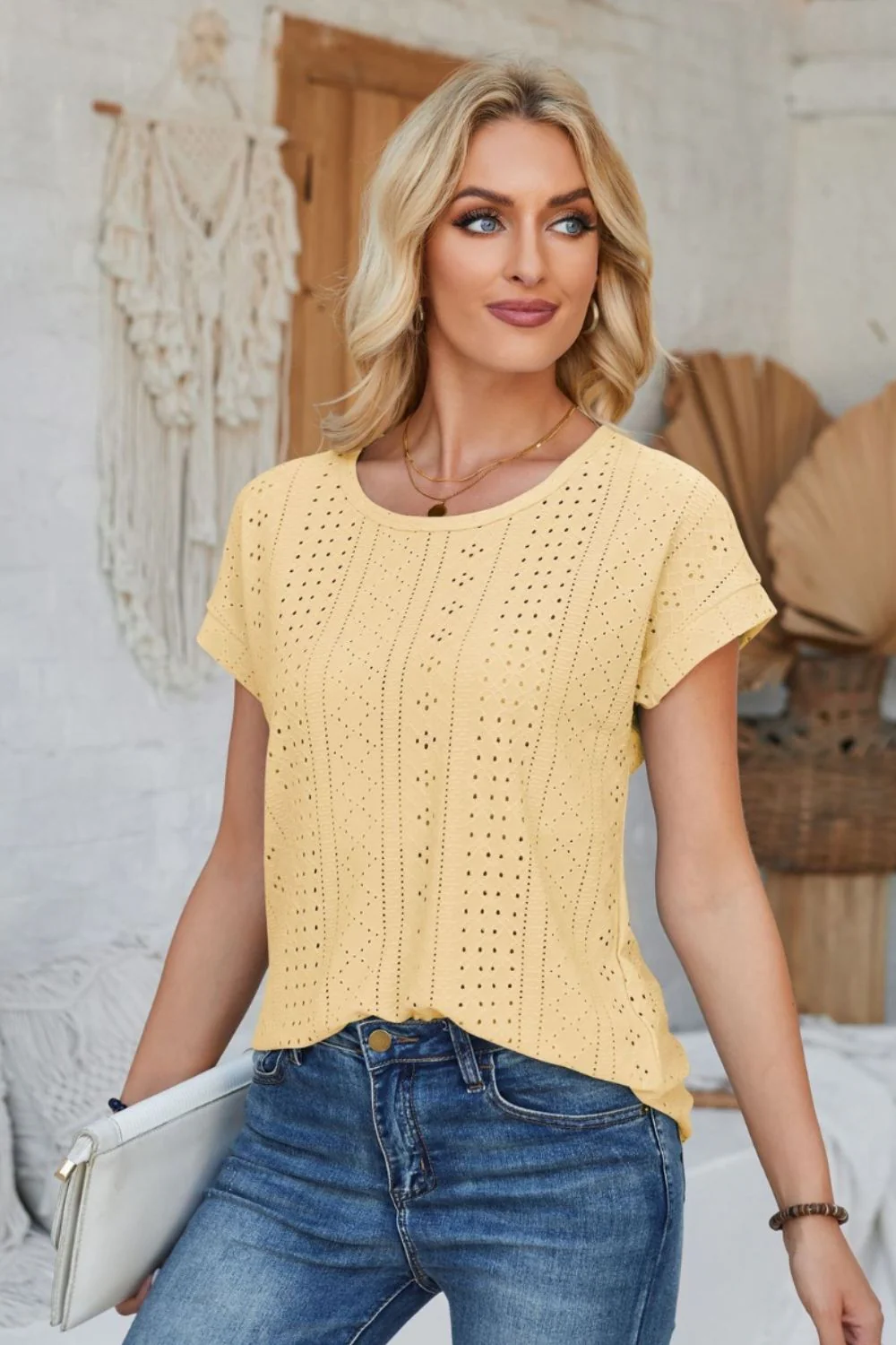 Eyelet Round Neck Rolled Short Sleeve T-Shirt - Image 3