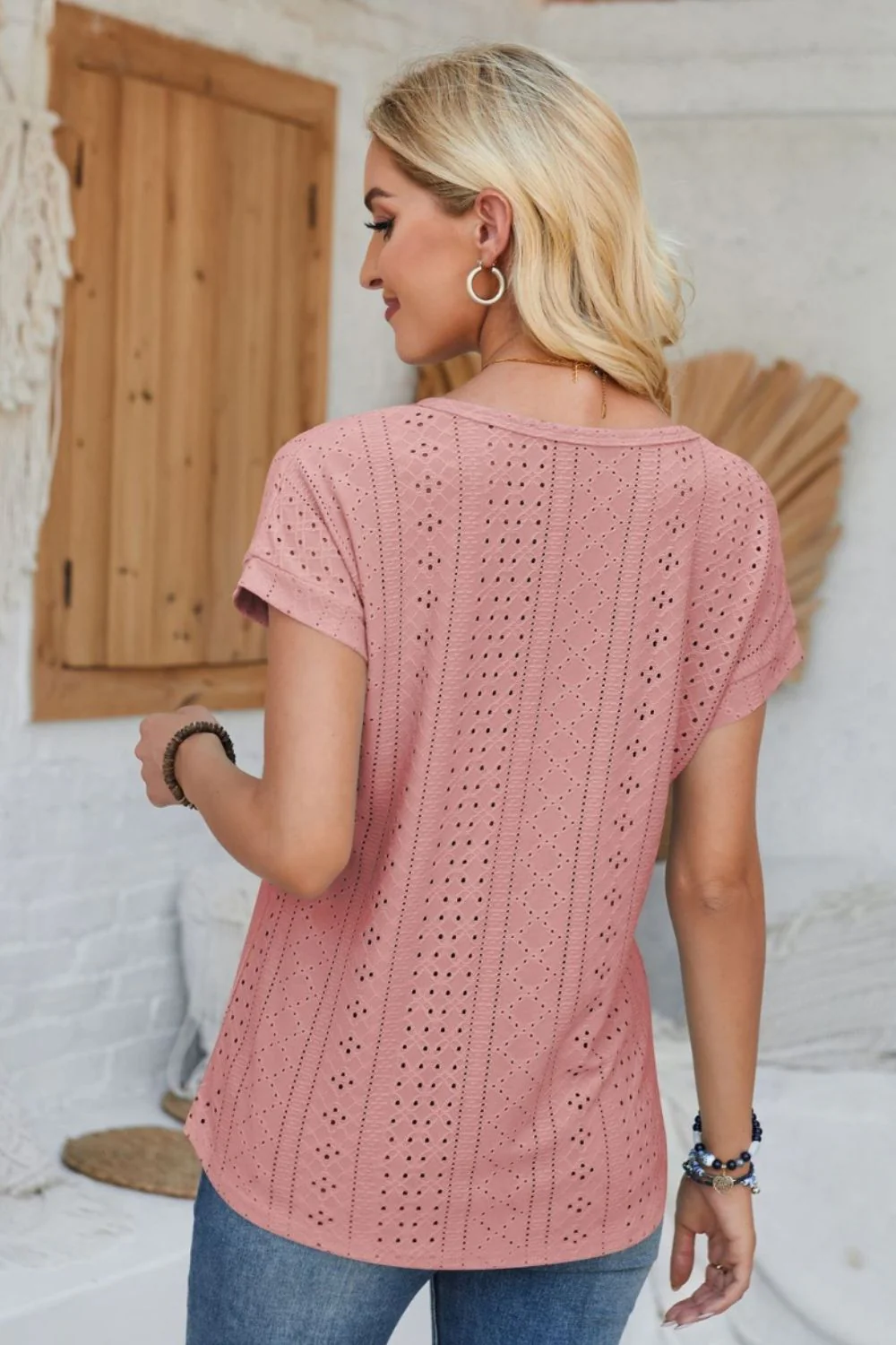Eyelet Round Neck Rolled Short Sleeve T-Shirt - Image 30