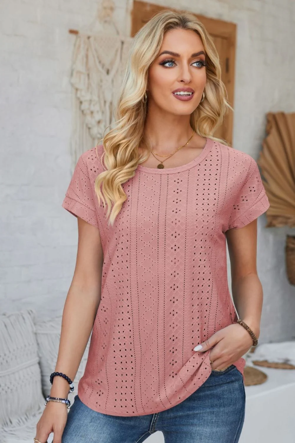 Eyelet Round Neck Rolled Short Sleeve T-Shirt - Image 31