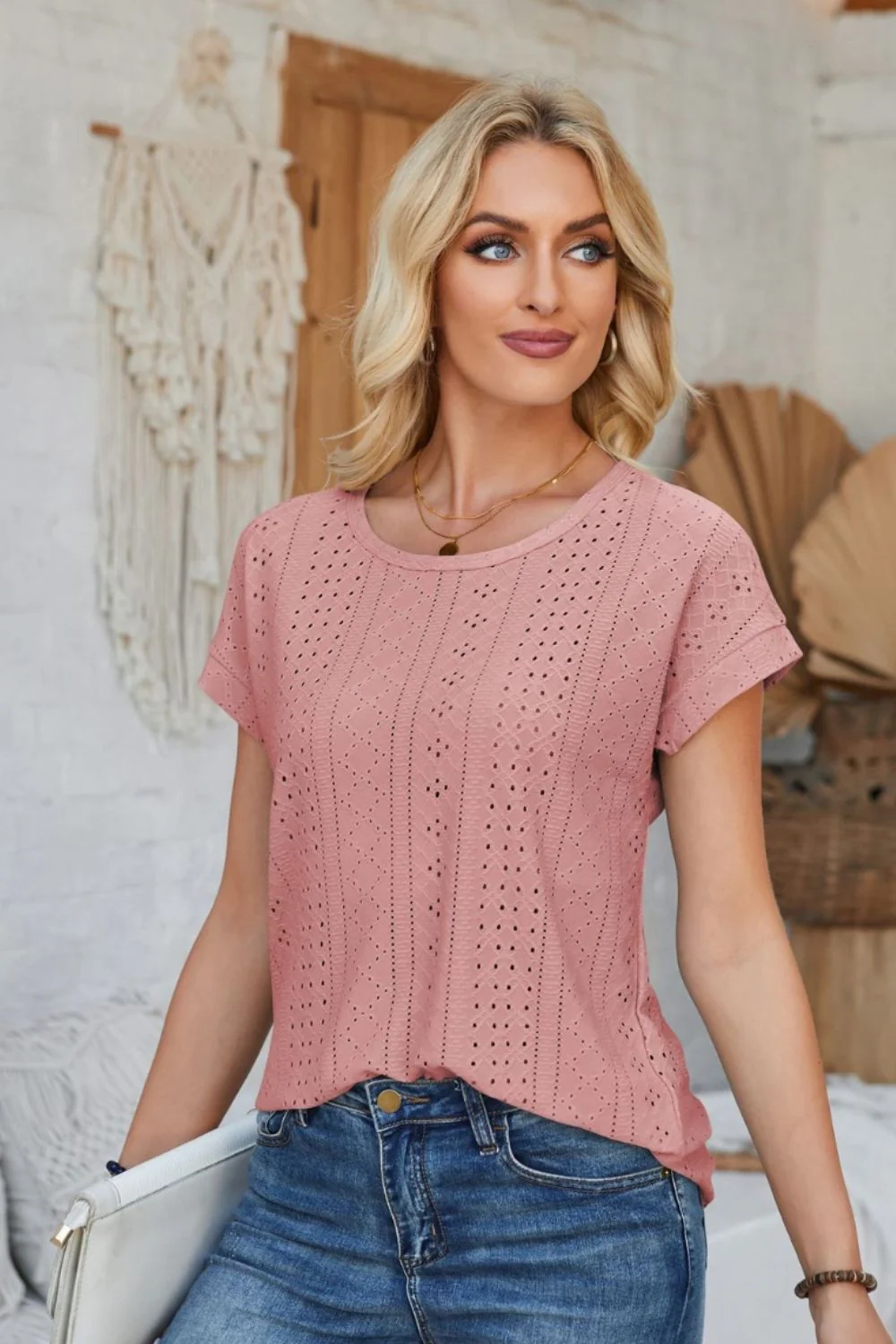 Eyelet Round Neck Rolled Short Sleeve T-Shirt - Image 32