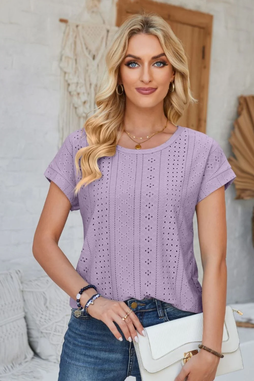 Eyelet Round Neck Rolled Short Sleeve T-Shirt - Image 33