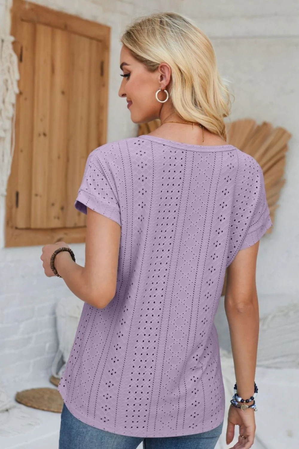 Eyelet Round Neck Rolled Short Sleeve T-Shirt - Image 34