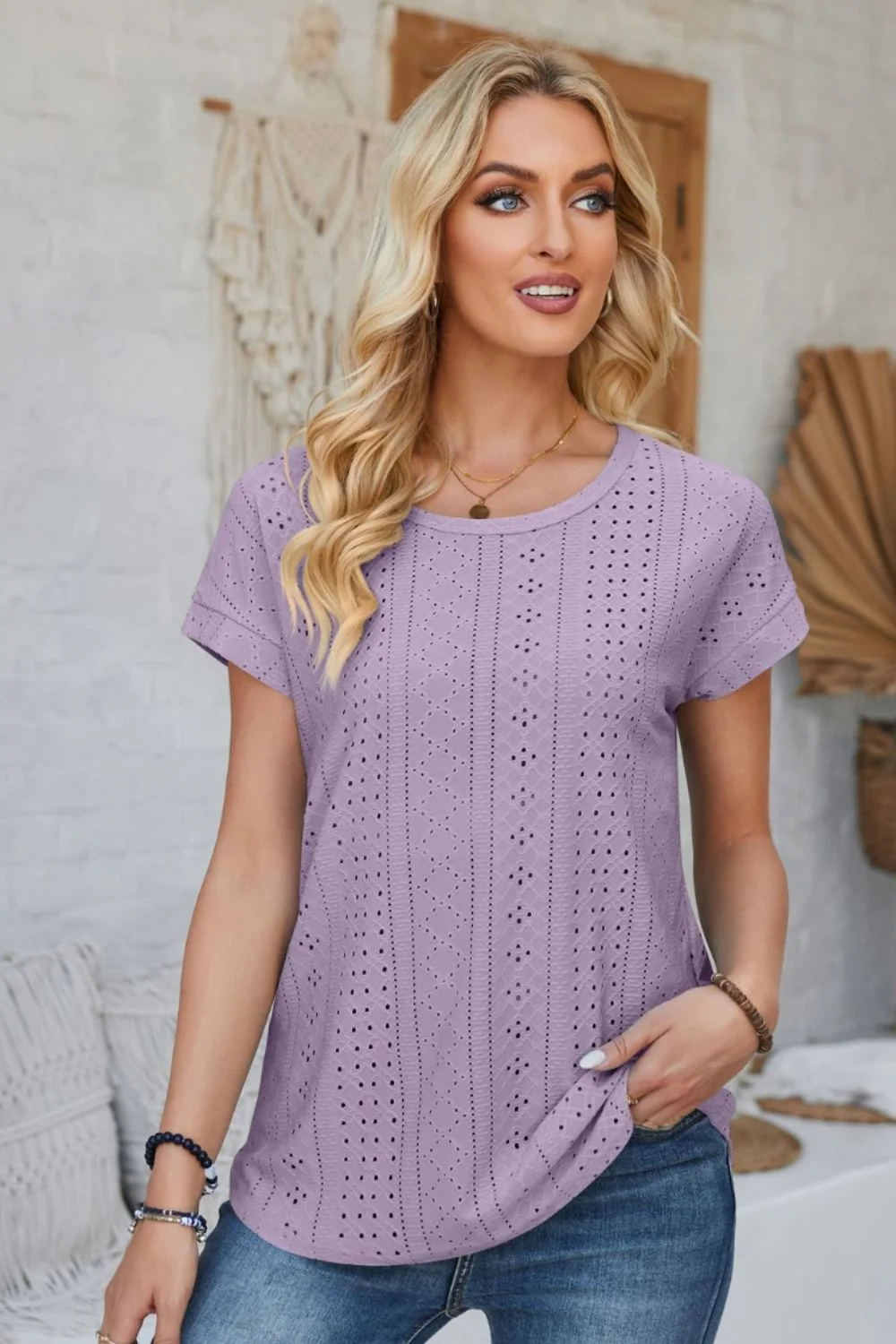 Eyelet Round Neck Rolled Short Sleeve T-Shirt - Image 35