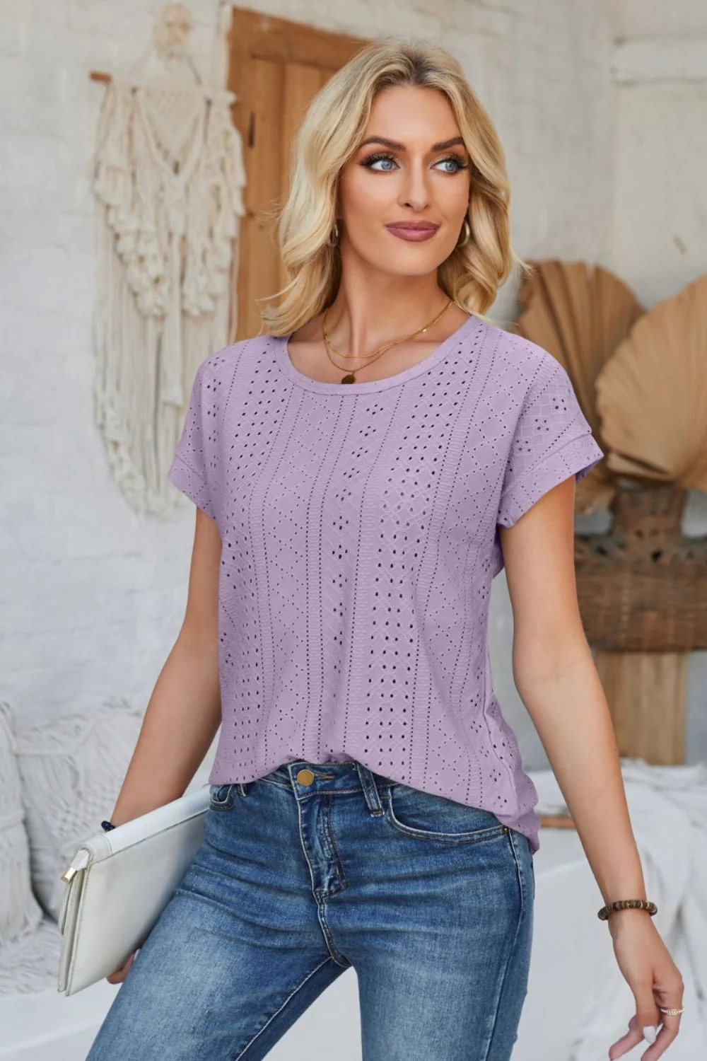 Eyelet Round Neck Rolled Short Sleeve T-Shirt - Image 36