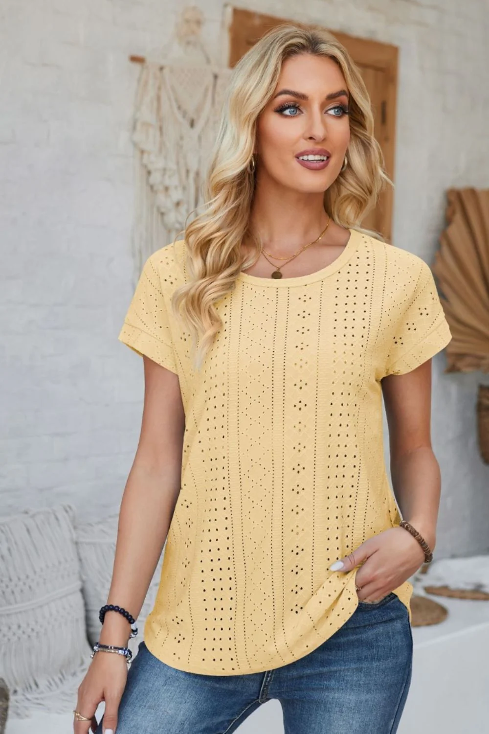 Eyelet Round Neck Rolled Short Sleeve T-Shirt - Image 4