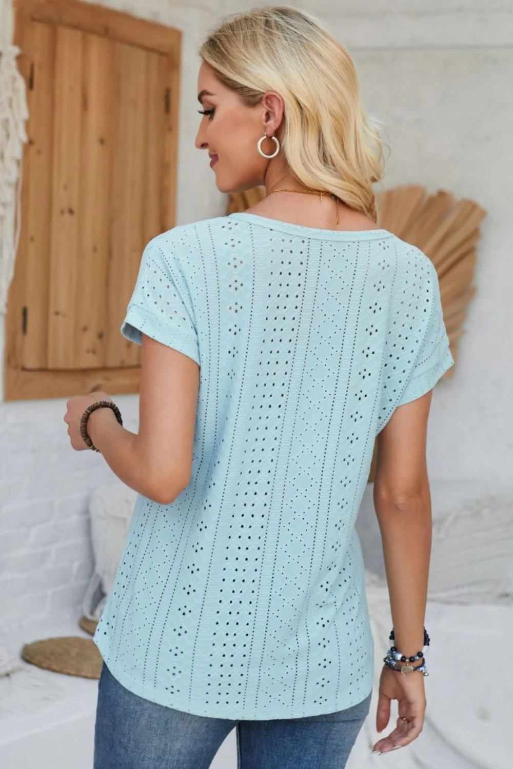 Eyelet Round Neck Rolled Short Sleeve T-Shirt - Image 6