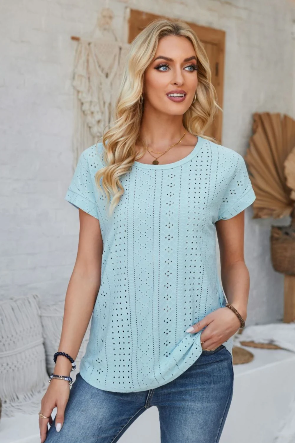 Eyelet Round Neck Rolled Short Sleeve T-Shirt - Image 9