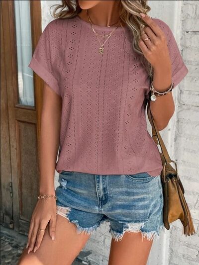 Eyelet Round Neck Short Sleeve T-Shirt - Image 11