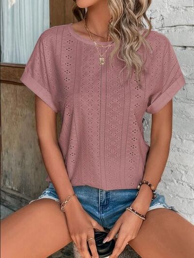 Eyelet Round Neck Short Sleeve T-Shirt - Image 13