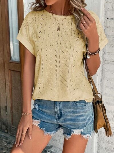 Eyelet Round Neck Short Sleeve T-Shirt - Image 16