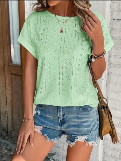 Eyelet Round Neck Short Sleeve T-Shirt - Image 21