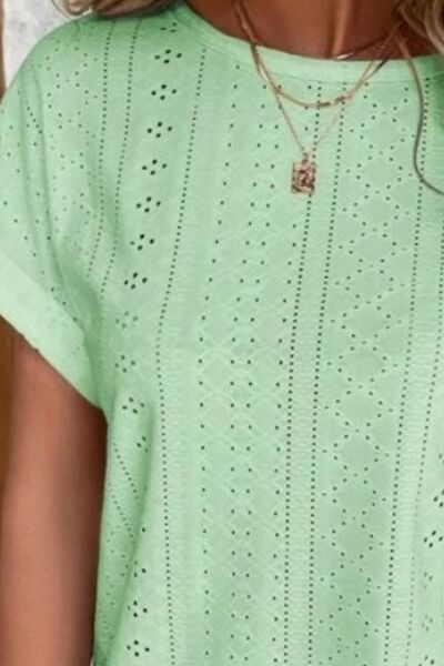 Eyelet Round Neck Short Sleeve T-Shirt - Image 22