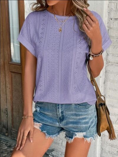 Eyelet Round Neck Short Sleeve T-Shirt - Image 23