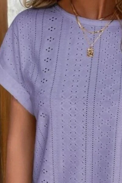 Eyelet Round Neck Short Sleeve T-Shirt - Image 25