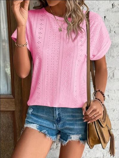 Eyelet Round Neck Short Sleeve T-Shirt - Image 26