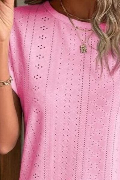 Eyelet Round Neck Short Sleeve T-Shirt - Image 28