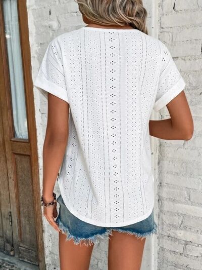 Eyelet Round Neck Short Sleeve T-Shirt - Image 3