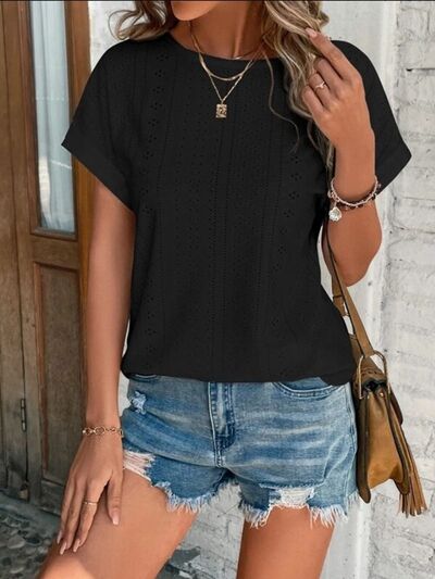 Eyelet Round Neck Short Sleeve T-Shirt - Image 5